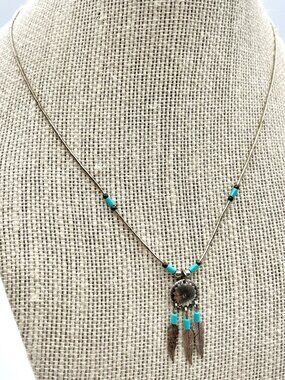 VTG Liquid Sterling Silver Dreamcatcher Necklace 925 USA Turquoise Beads Feather